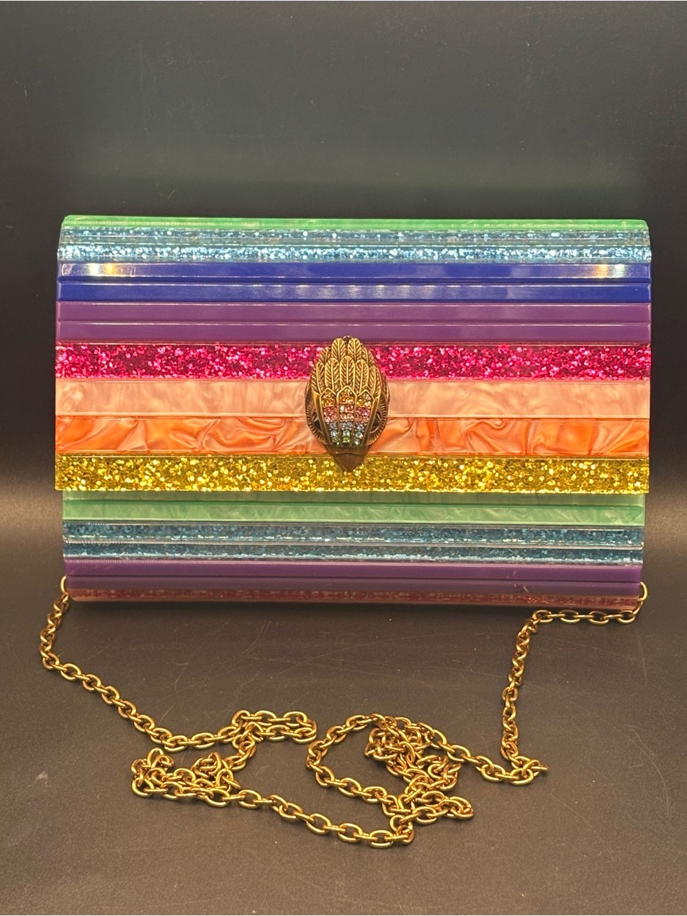 Kurt Geiger Party Eagle Clutch Rainbow Glitter Acrylic Crossbody NWOT